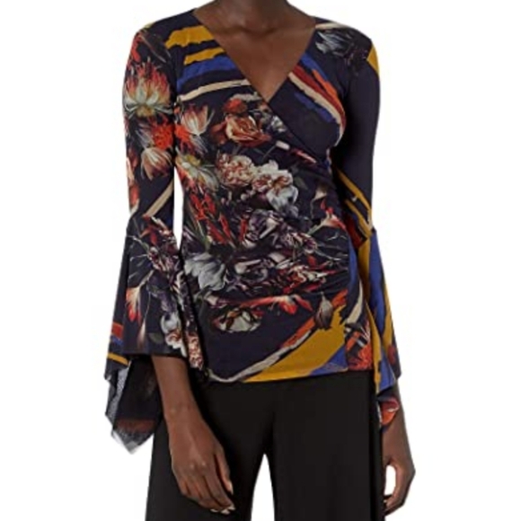 FUZZI Wrap Front V-Neckline Fine Mesh Knit Long Butterfly Bell Sleeves Red L NWT - Picture 4 of 16